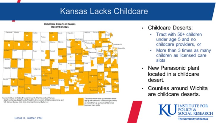 Kansas Lack childcare map, Child Care Deserts in Kansas December 2021